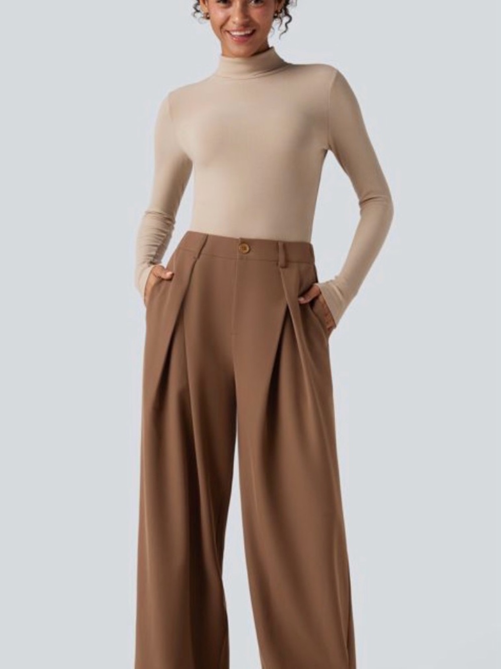 Halara Brown High Waisted Wide Leg Work Pants Pleated Pockets Size S Regular NWT